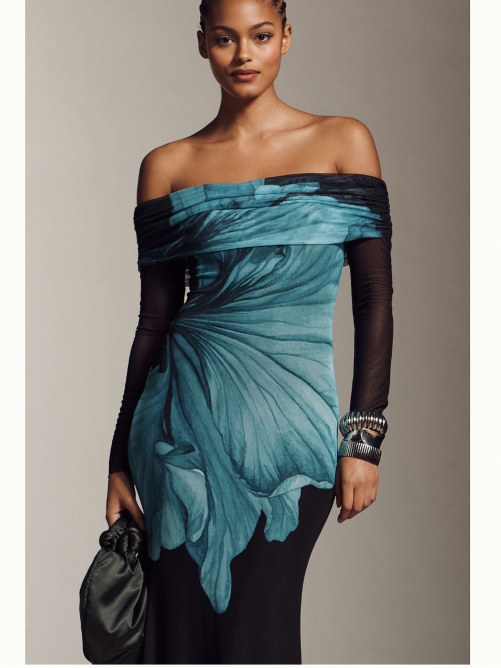 NWT Anthropologie AFRM Long-Sleeve Off-The-Shoulder Teal Flower Mesh Maxi Dress - Picture 4 of 12